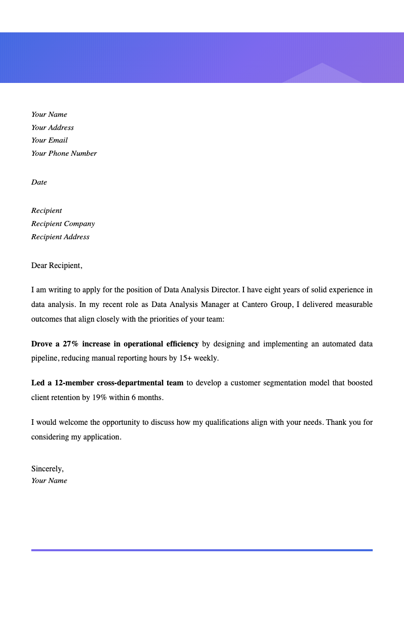 Modern blue gradient cover letter - Elegant blue-gradient cover letter with sender/recipient blocks and achievement highlights for job applications.